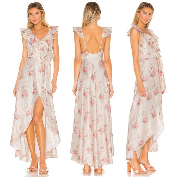 LoveShackFancy Cosmo Floral Wrap-Front Ruffle Hi-Low Dress Dolce Women's Size 0 - Picture 1 of 6